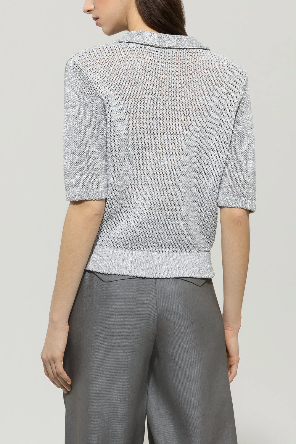 Luisa Cerano Linnen Blend Polo-55% linnen, 30% viskose, 18% polyester, 4% katoen, 3% polyamide-DAMES TOPS & BLOUSES-Grijs