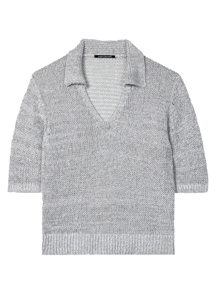 Luisa Cerano Linnen Blend Polo-55% linnen, 30% viskose, 18% polyester, 4% katoen, 3% polyamide-DAMES TOPS & BLOUSES-Grijs