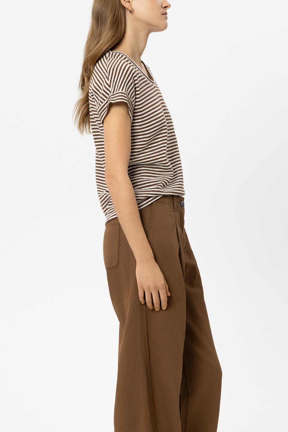 Luisa Cerano linnen gestreept T-shirt – Bruin-100% linnen-DAMES TOPS & BLOUSES-Bruin