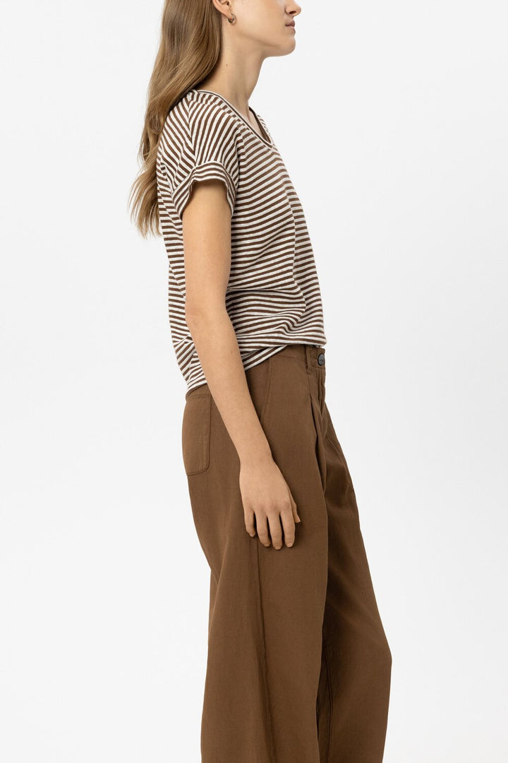 Luisa Cerano linnen gestreept T-shirt – Bruin-100% linnen-DAMES TOPS & BLOUSES-Bruin
