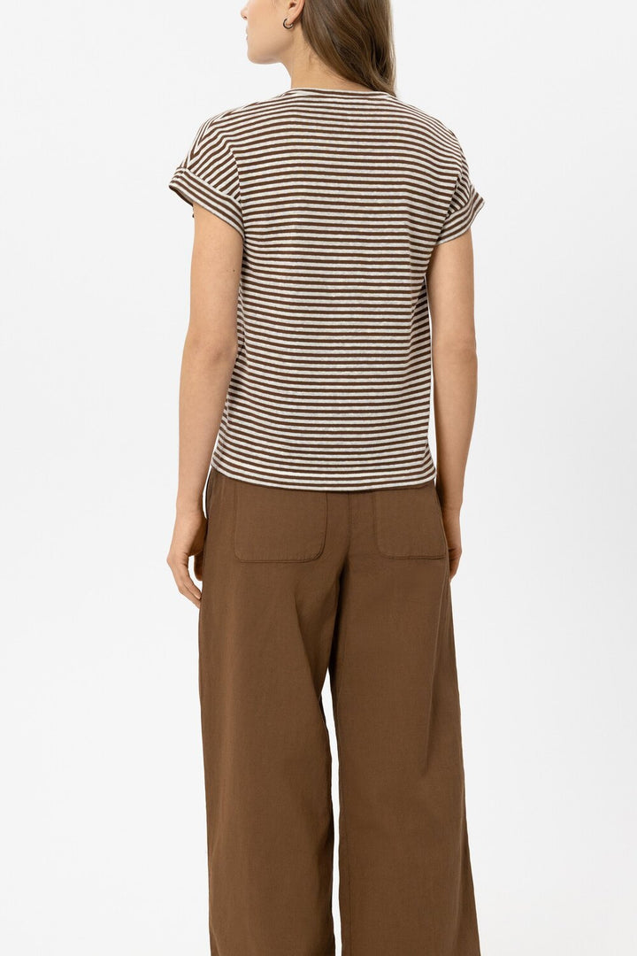 Luisa Cerano linnen gestreept T-shirt – Bruin-100% linnen-DAMES TOPS & BLOUSES-Bruin