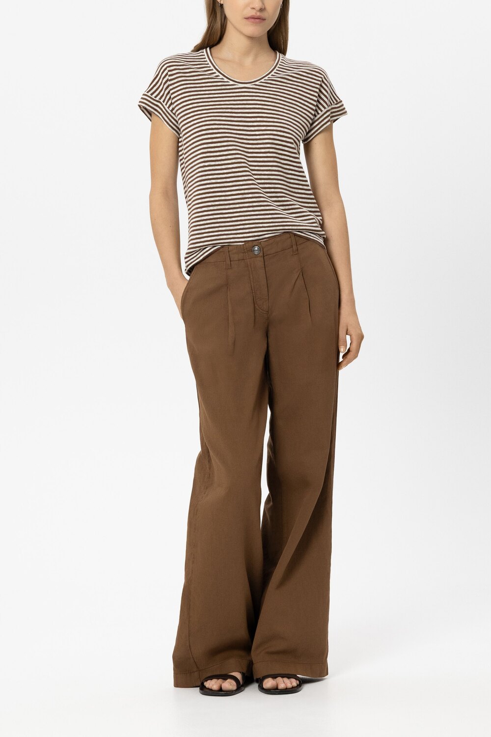Luisa Cerano linnen gestreept T-shirt – Bruin-100% linnen-DAMES TOPS & BLOUSES-Bruin