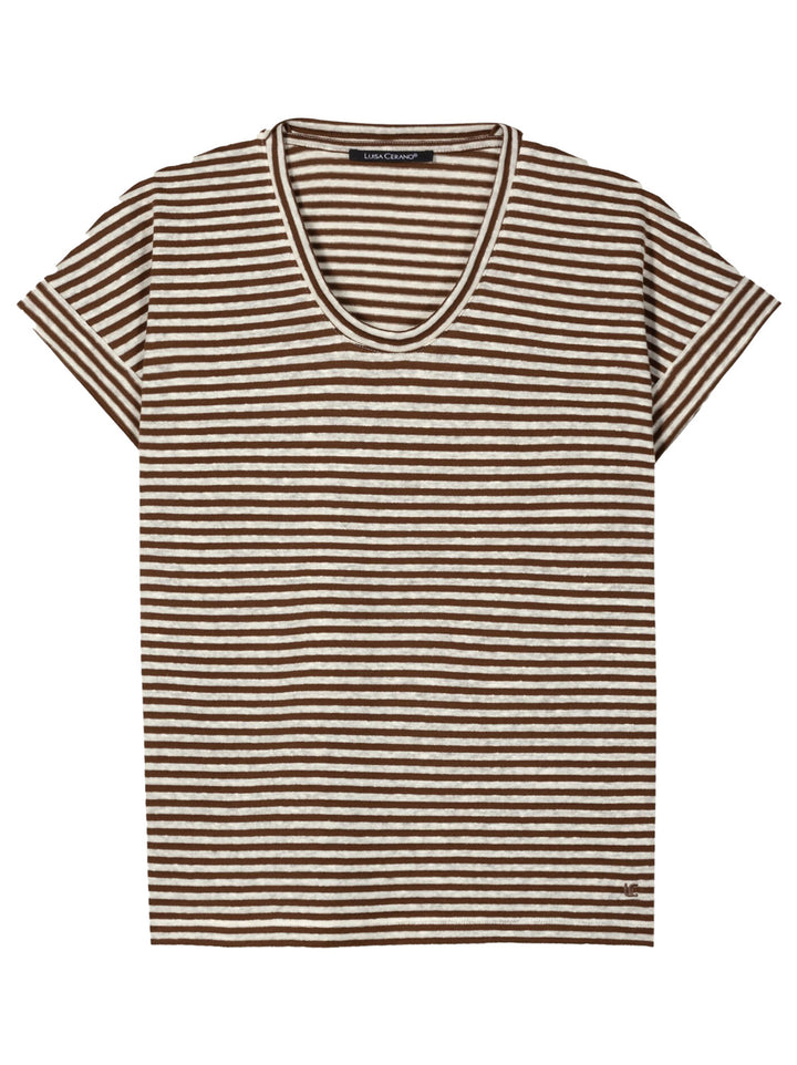 Luisa Cerano linnen gestreept T-shirt – Bruin-100% linnen-DAMES TOPS & BLOUSES-Bruin