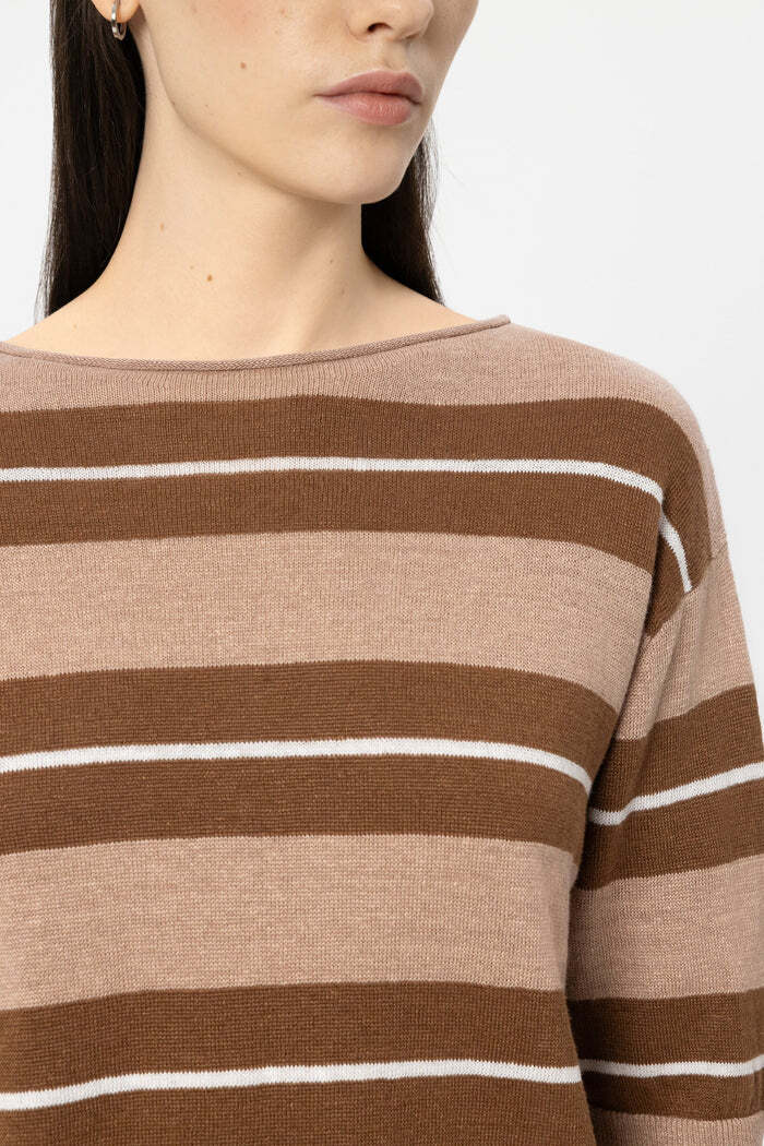 Luisa Cerano linnen trui met preppy streep – Bruin-100% linnen-DAMES TRUIEN & VESTEN-Bruin