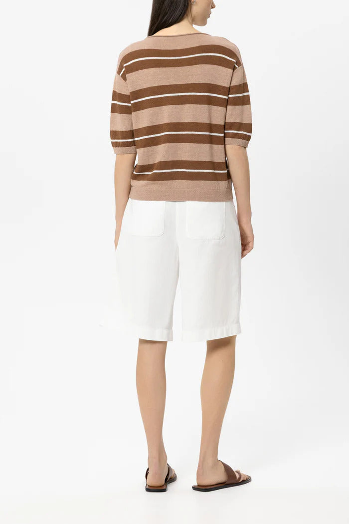 Luisa Cerano linnen trui met preppy streep – Bruin-100% linnen-DAMES TRUIEN & VESTEN-Bruin