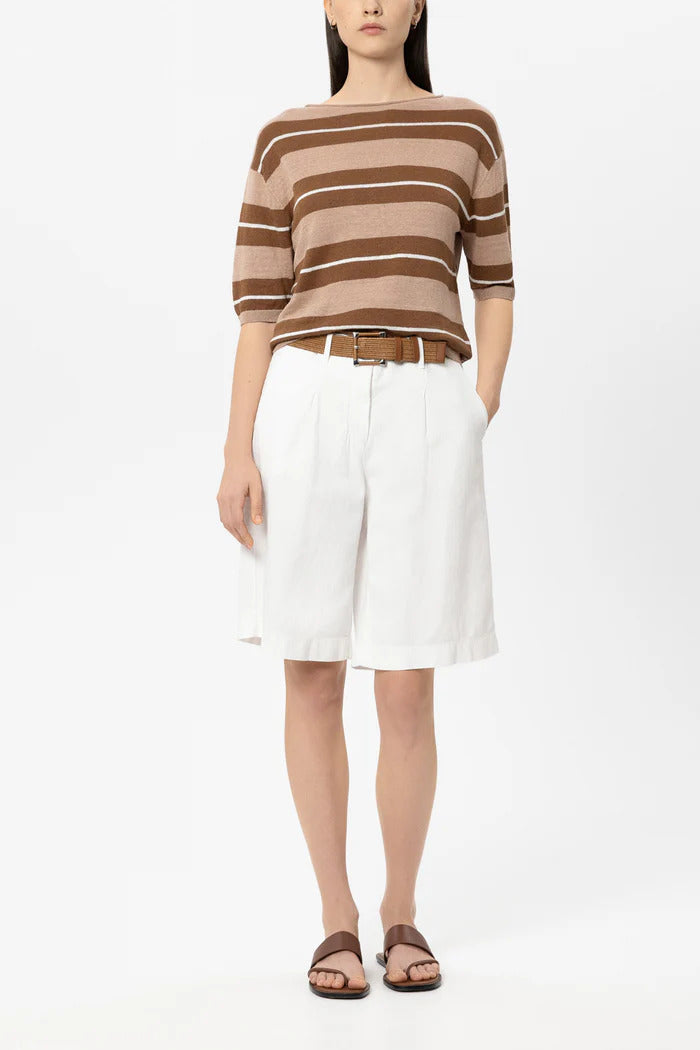 Luisa Cerano linnen trui met preppy streep – Bruin-100% linnen-DAMES TRUIEN & VESTEN-Bruin