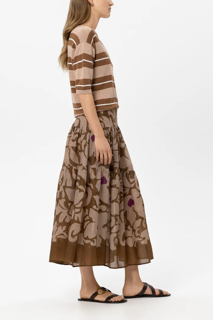 Luisa Cerano Maxi rok met bloemenprint – Bruin-52% lyocell, 48% ramee-DAMES ROKKEN-Bruin