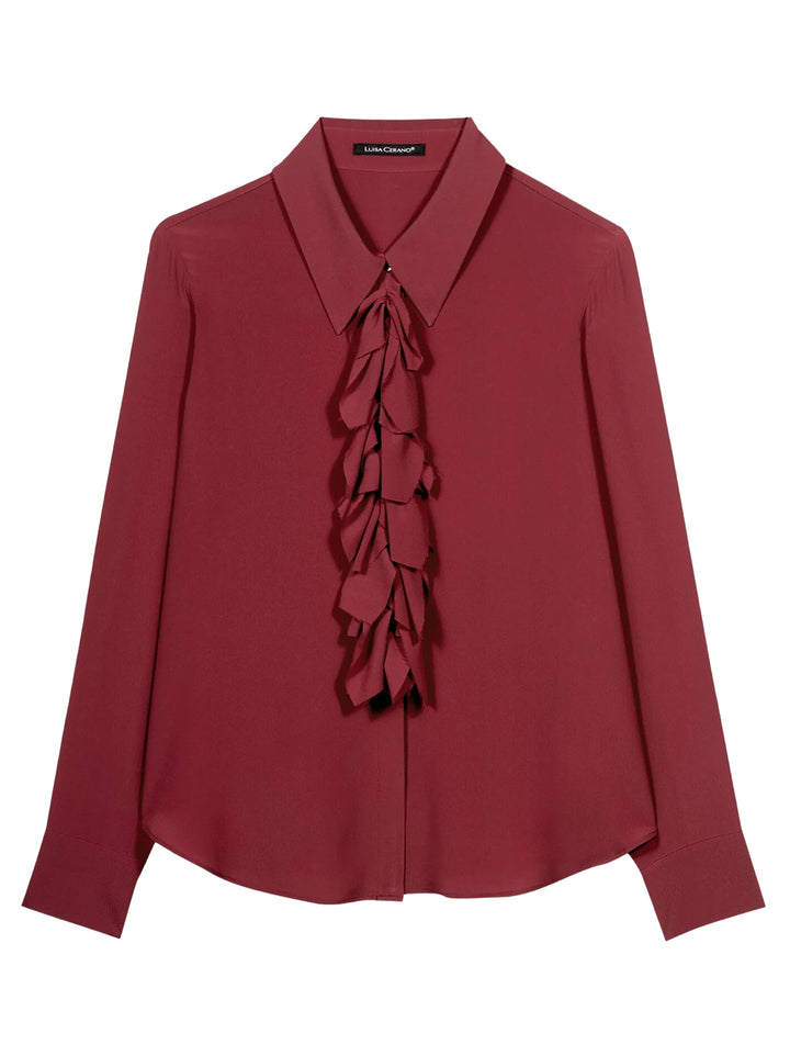 Luisa Cerano Ruffle Blouse – Bordeaux-69% acetaat, 31% zijde-DAMES TOPS & BLOUSES-Rood