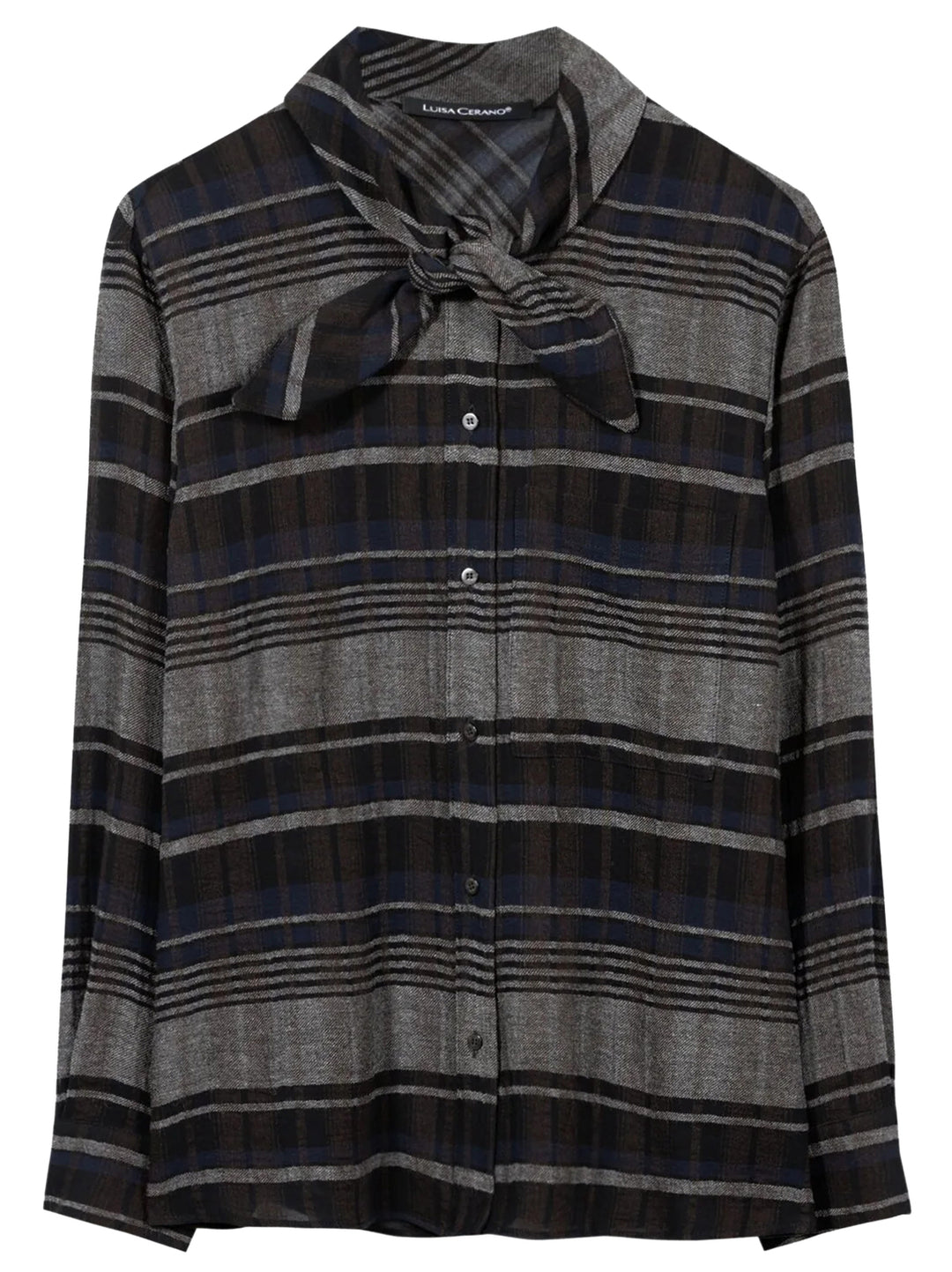 Luisa Cerano Ruitblouse met Strik – Grijs-47% Viskose, 33% Baumwolle, 20% Schurwolle-DAMES TOPS & BLOUSES-DIVERSEN UNI