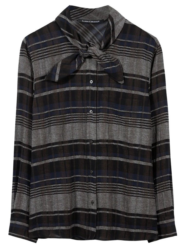 Luisa Cerano Ruitblouse met Strik – Grijs-47% Viskose, 33% Baumwolle, 20% Schurwolle-DAMES TOPS & BLOUSES-DIVERSEN UNI