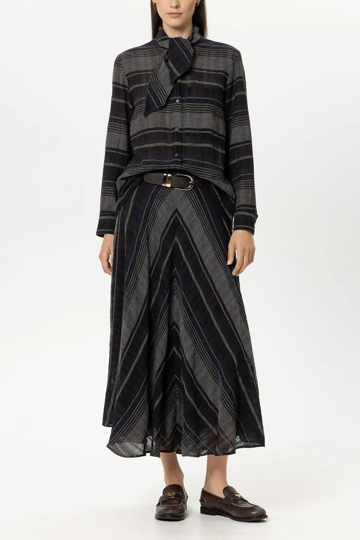 Luisa Cerano Ruitblouse met Strik – Grijs-47% Viskose, 33% Baumwolle, 20% Schurwolle-DAMES TOPS & BLOUSES-DIVERSEN UNI