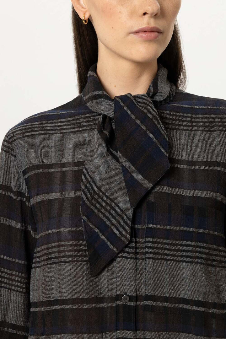 Luisa Cerano Ruitblouse met Strik – Grijs-47% Viskose, 33% Baumwolle, 20% Schurwolle-DAMES TOPS & BLOUSES-DIVERSEN UNI