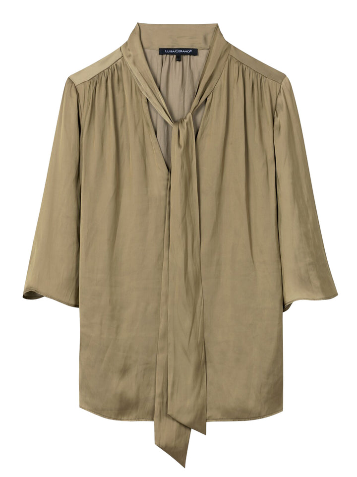 Luisa Cerano Satijnen blouse met strik – Groen-100% polyester-DAMES TOPS & BLOUSES-Groen