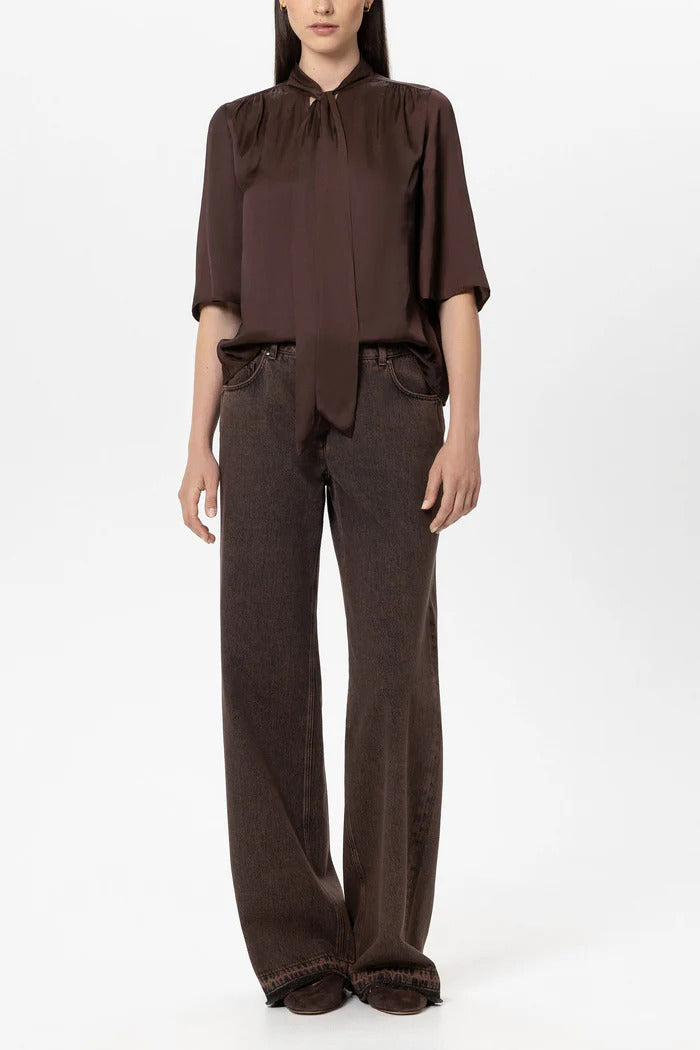 Luisa Cerano Satijnen Blouse met Strikdetail – Bru-100% polyester-DAMES TOPS & BLOUSES-Bruin