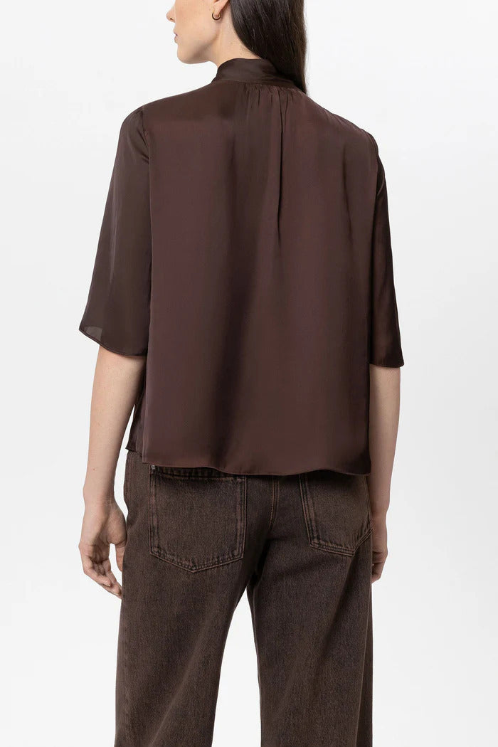 Luisa Cerano Satijnen Blouse met Strikdetail – Bru-100% polyester-DAMES TOPS & BLOUSES-Bruin