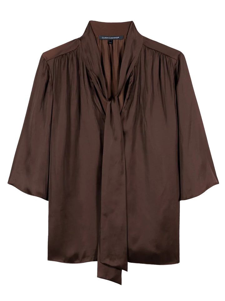 Luisa Cerano Satijnen Blouse met Strikdetail – Bru-100% polyester-DAMES TOPS & BLOUSES-Bruin