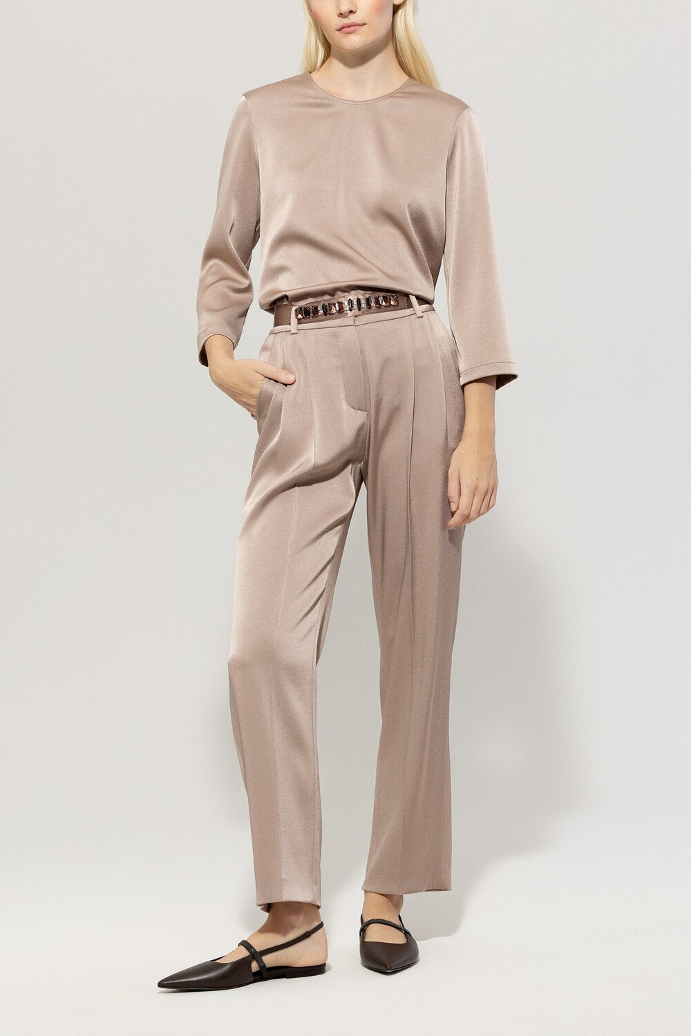 Luisa Cerano soepel vallende satijnen blouse-Buitenstof: 82% triacetaat, 18% polyester<br />-DAMES TOPS & BLOUSES-Bruin