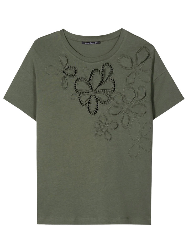 Luisa Cerano T-shirt met bloemen – Groen-100% katoen-DAMES TOPS & BLOUSES-Groen