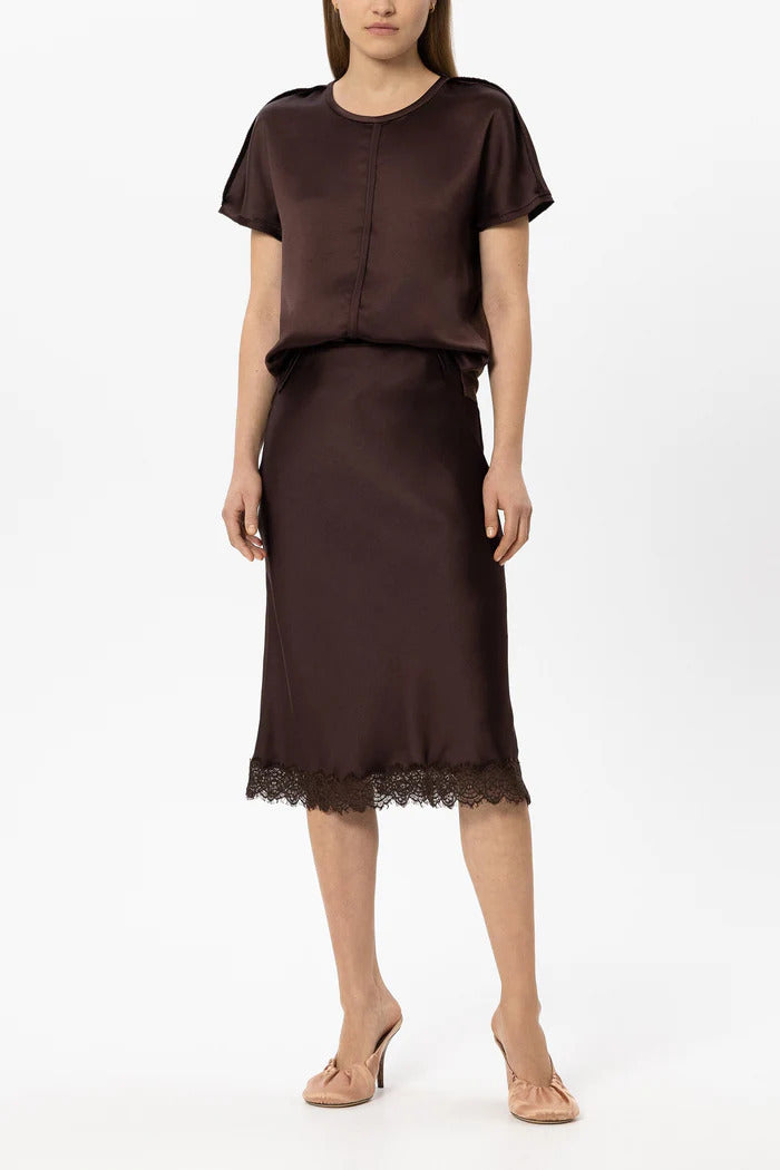 Luisa Cerano T-shirt met Naaddetails – Bruin-100% polyester-DAMES TOPS & BLOUSES-Bruin