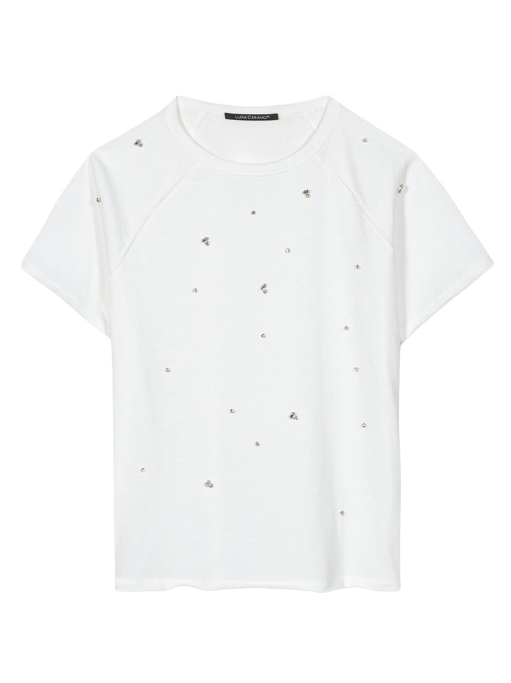 Luisa Cerano T-shirt met sierstenen – Wit-100% katoen-DAMES TOPS & BLOUSES-Wit