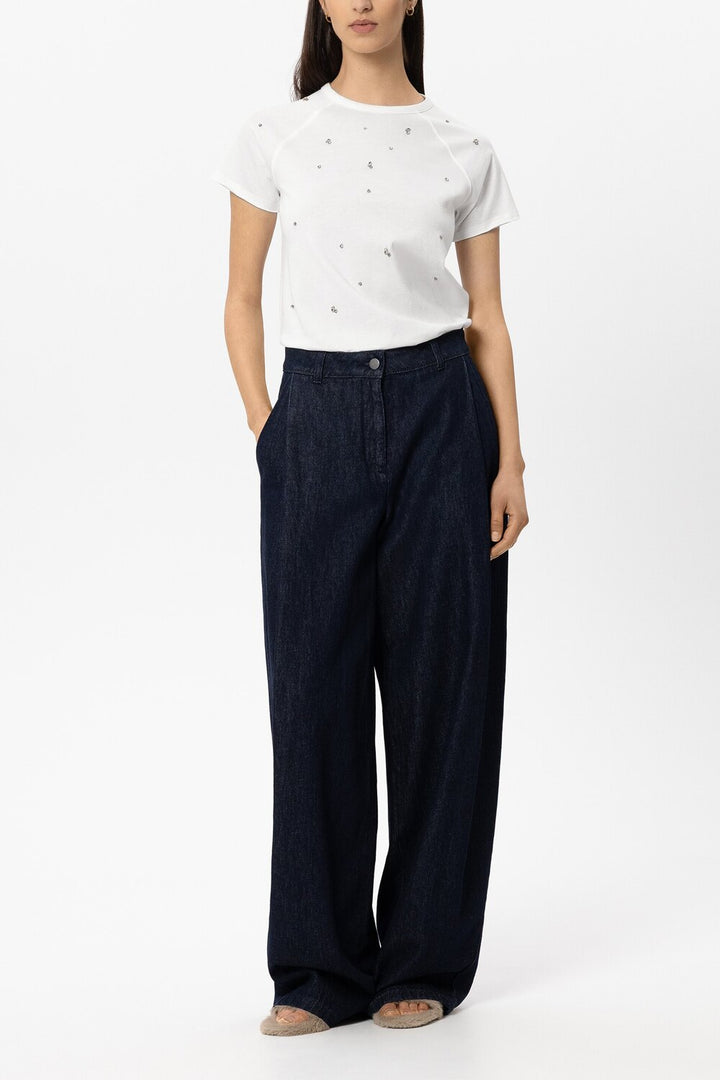 Luisa Cerano T-shirt met sierstenen – Wit-100% katoen-DAMES TOPS & BLOUSES-Wit