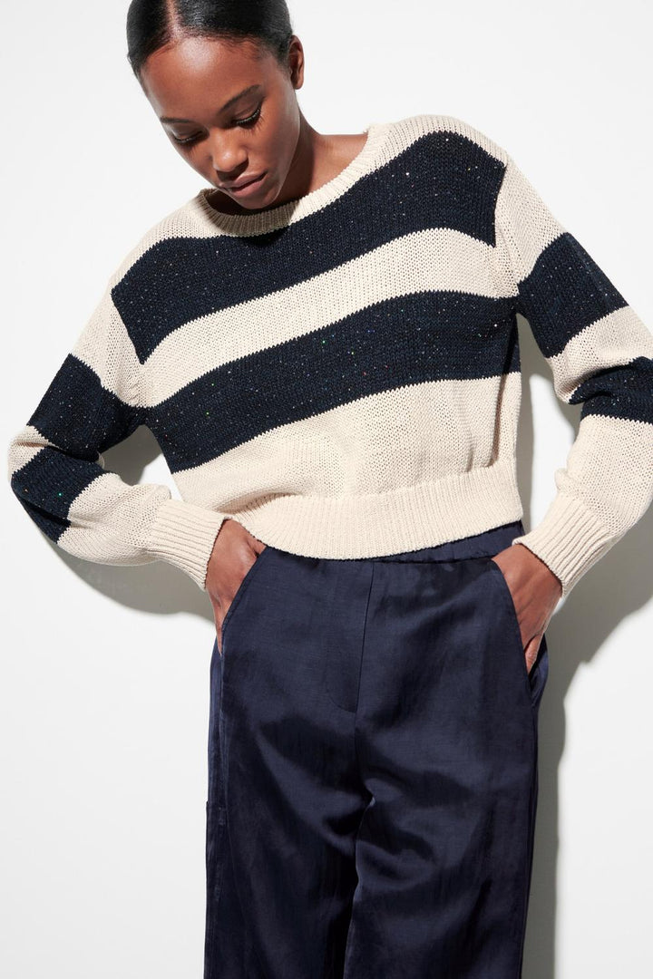 Luisa Cerano trui met strepen-28% linnen, 28% polyester, 23% katoen, 21% polyamide-DAMES TRUIEN & VESTEN-Beige