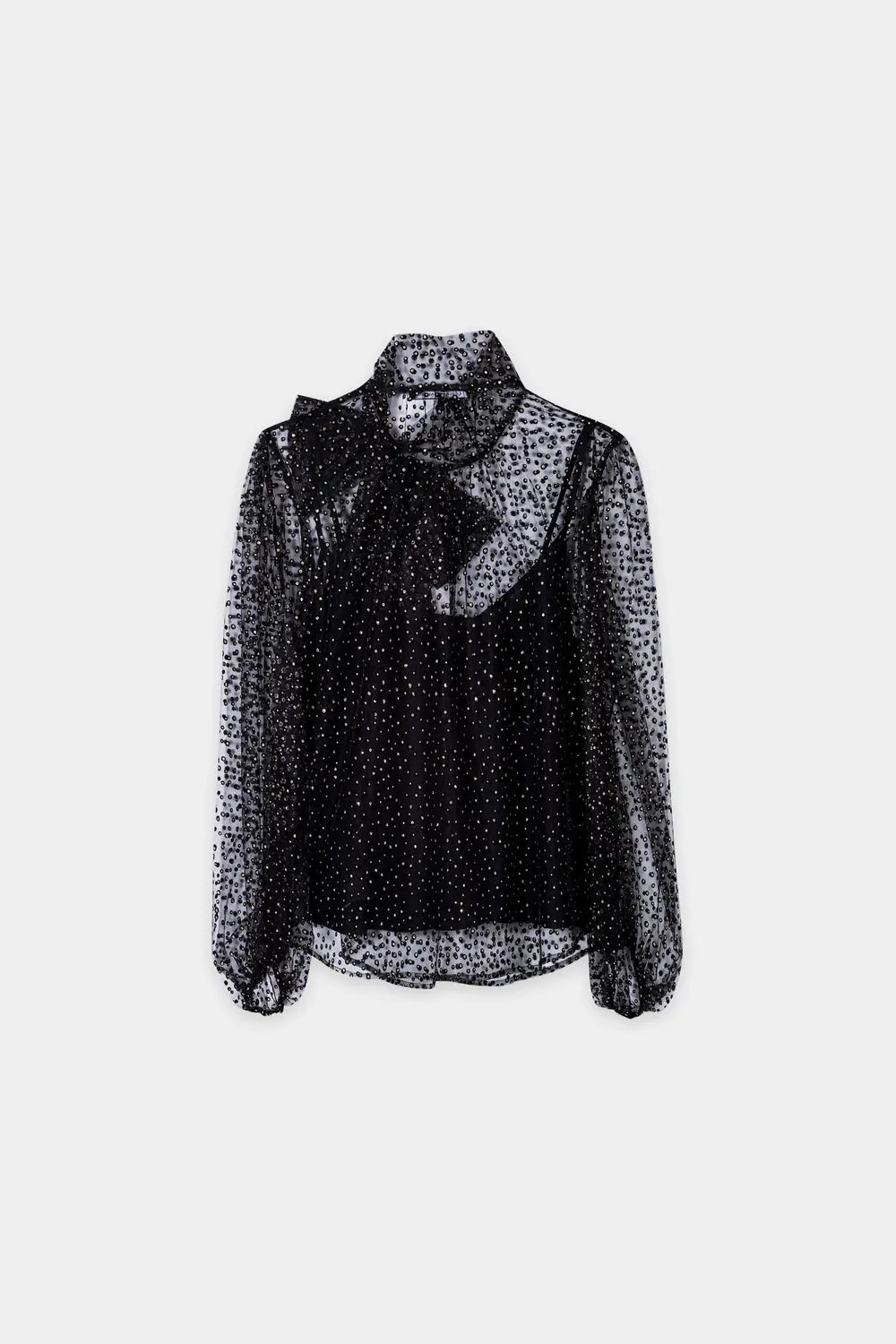 Luisa Cerano Tullen Blouse met Glitters – Zwart-90% polyester, 10% tactel-DAMES TOPS & BLOUSES-Zwart