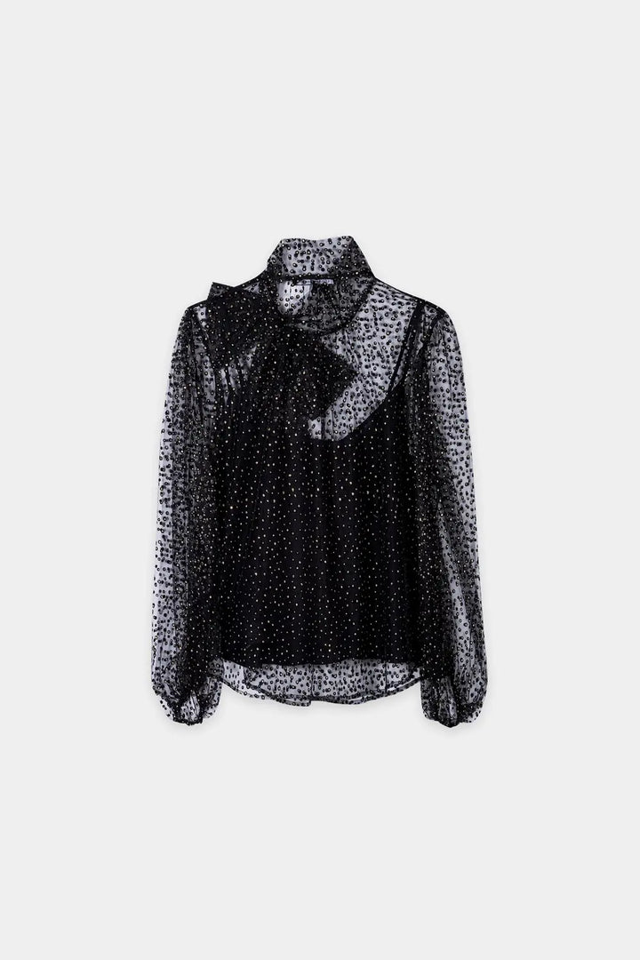 Luisa Cerano Tullen Blouse met Glitters – Zwart-90% polyester, 10% tactel-DAMES TOPS & BLOUSES-Zwart