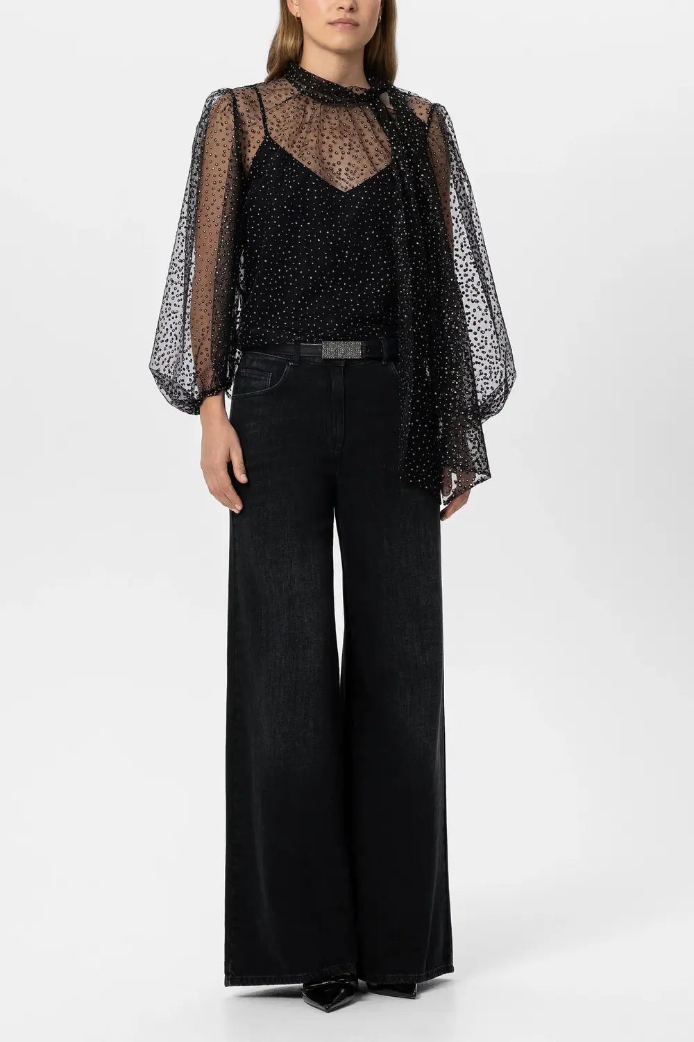 Luisa Cerano Tullen Blouse met Glitters – Zwart-90% polyester, 10% tactel-DAMES TOPS & BLOUSES-Zwart