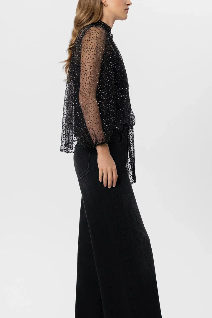 Luisa Cerano Tullen Blouse met Glitters – Zwart-90% polyester, 10% tactel-DAMES TOPS & BLOUSES-Zwart