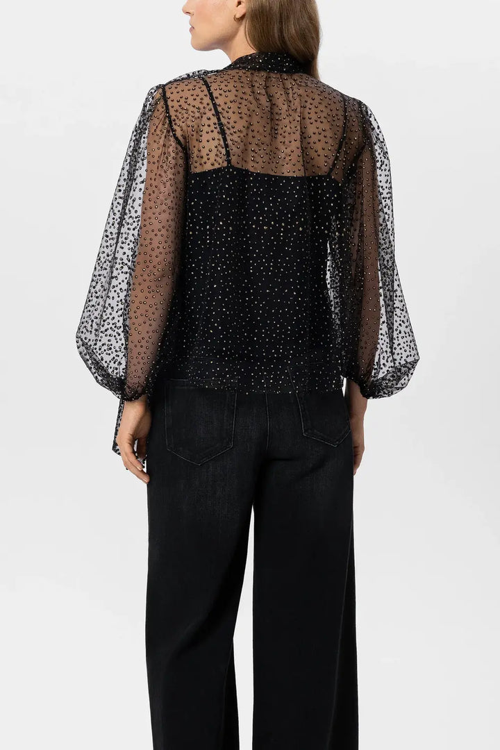Luisa Cerano Tullen Blouse met Glitters – Zwart-90% polyester, 10% tactel-DAMES TOPS & BLOUSES-Zwart