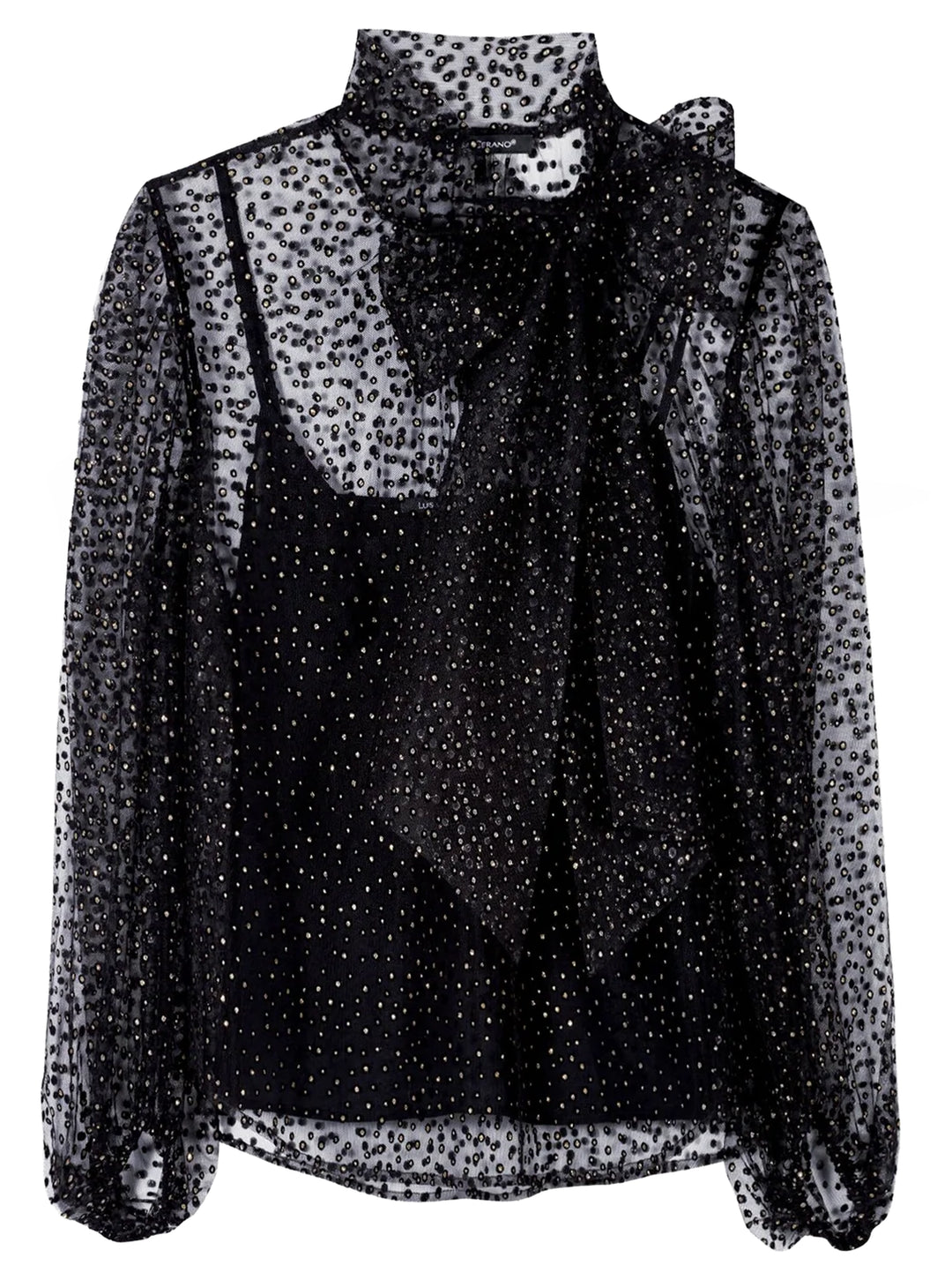 Luisa Cerano Tullen Blouse met Glitters – Zwart-90% polyester, 10% tactel-DAMES TOPS & BLOUSES-Zwart