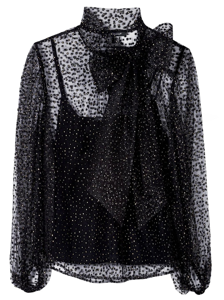 Luisa Cerano Tullen Blouse met Glitters – Zwart-90% polyester, 10% tactel-DAMES TOPS & BLOUSES-Zwart