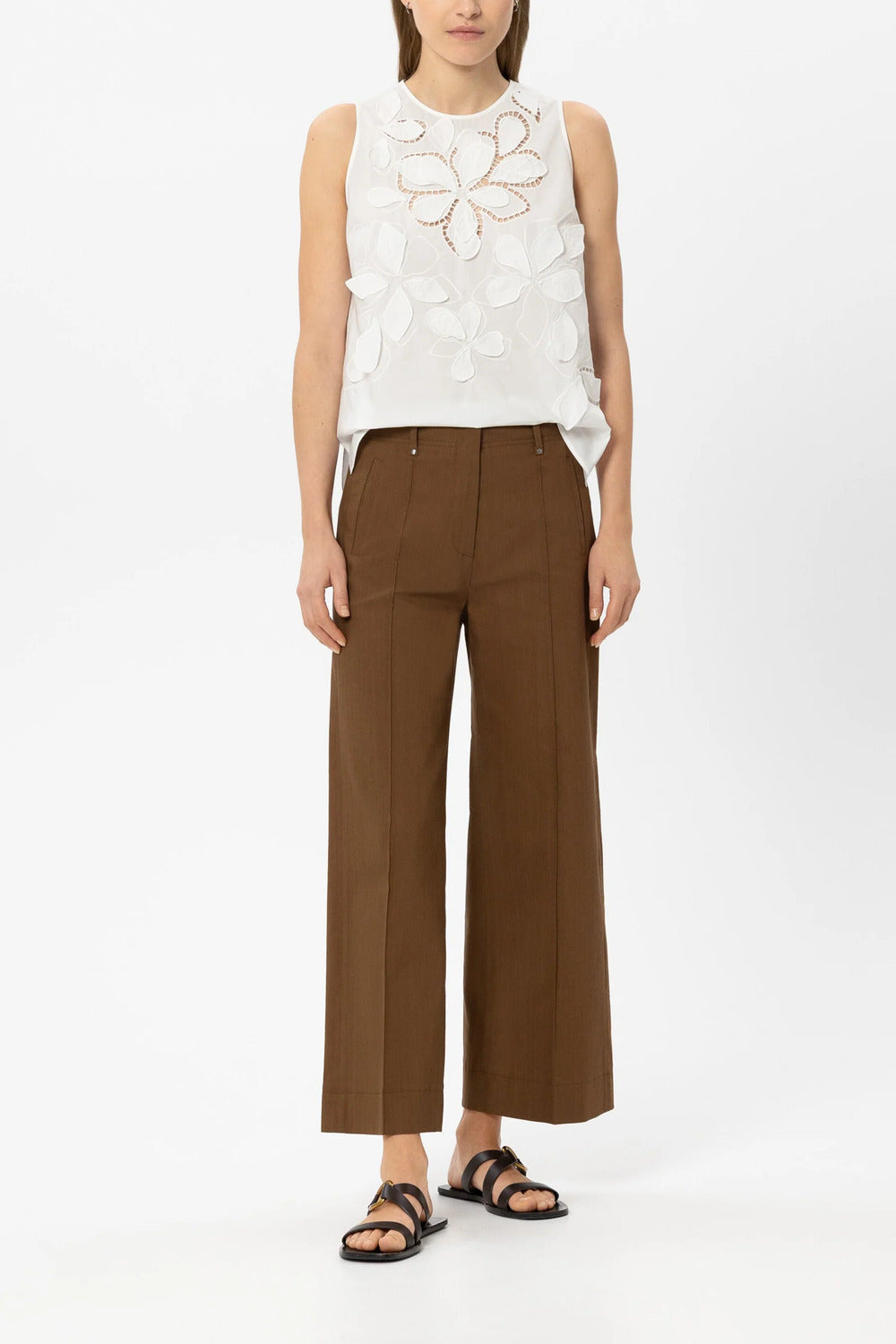 Luisa Cerano Twill broek met wijde pijpen – Bruin-60% katoen, 37% rayon, 3% elastaan-DAMES BROEKEN-Bruin