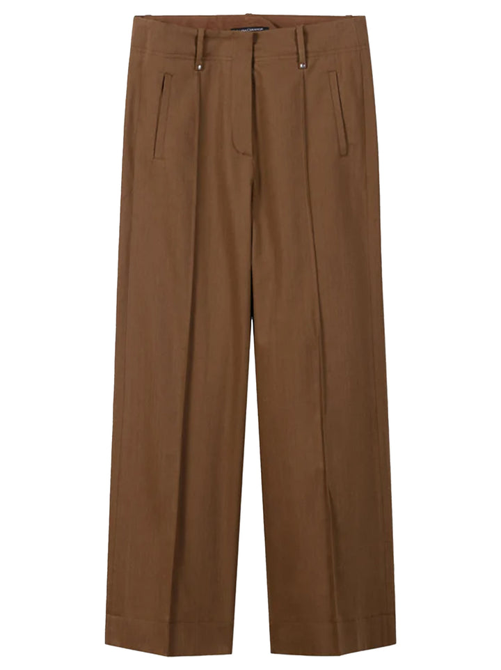 Luisa Cerano Twill broek met wijde pijpen – Bruin-60% katoen, 37% rayon, 3% elastaan-DAMES BROEKEN-Bruin
