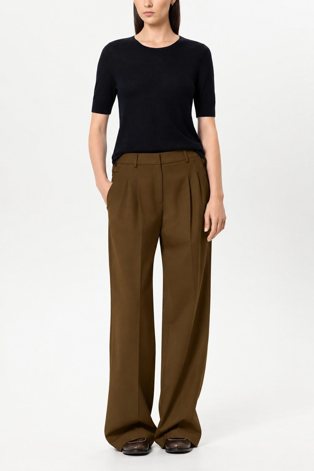 Luisa Cerano Wide Leg Pantalon – Bruin-53% polyester, 43% wol, 4% elastaan-DAMES BROEKEN-Bruin