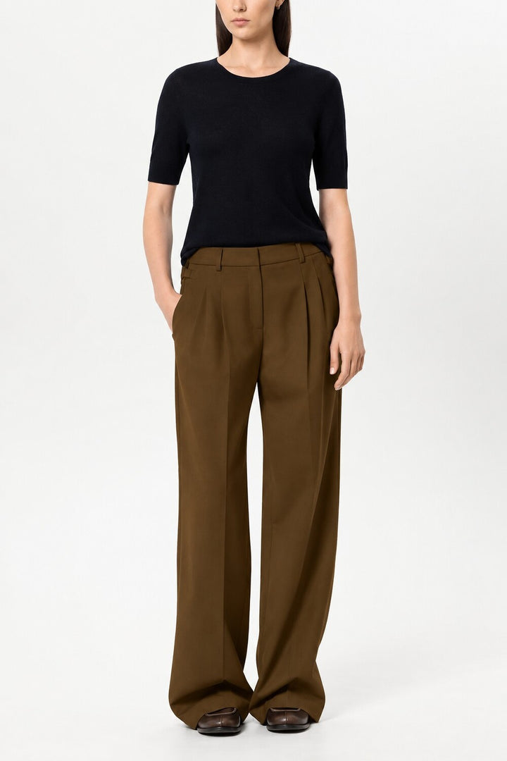 Luisa Cerano Wide Leg Pantalon – Bruin-53% polyester, 43% wol, 4% elastaan-DAMES BROEKEN-Bruin