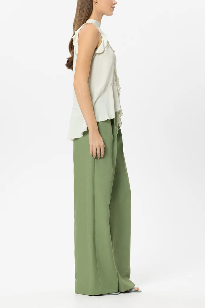 Luisa Cerano Wijde broek Linnen – Groen-59% polyester, 41% linnen-DAMES BROEKEN-Groen