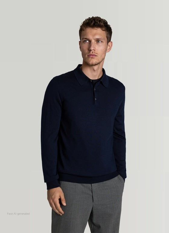 MAERZ Merino Cashmere Polo Trui – Blauw-70% wol, 20% zijde, 10% kasjmier-HEREN POLO'S & T-SHIRTS-Blauw