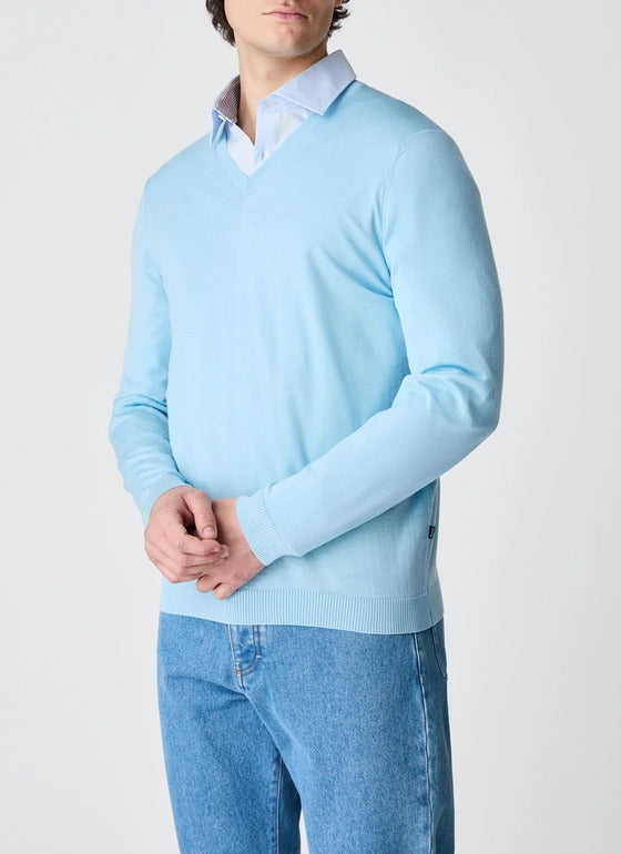 MAERZ Trui V‑Hals – Blauw-100% merino wol-HEREN TRUIEN & VESTEN-Blauw