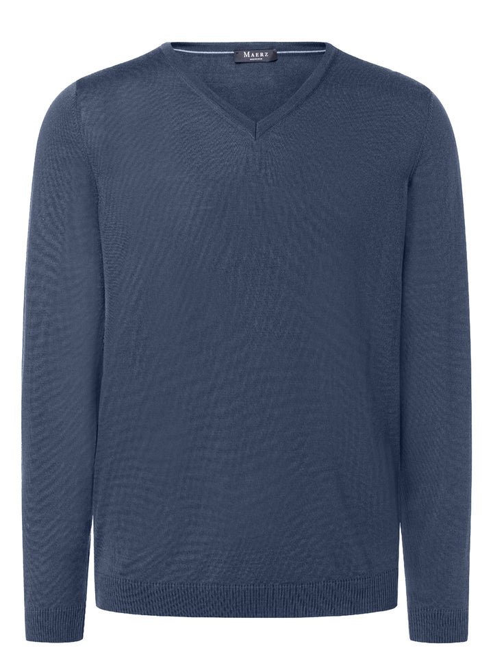 MAERZ Trui V‑Hals – Blauw-100% merino wol-HEREN TRUIEN & VESTEN-Blauw