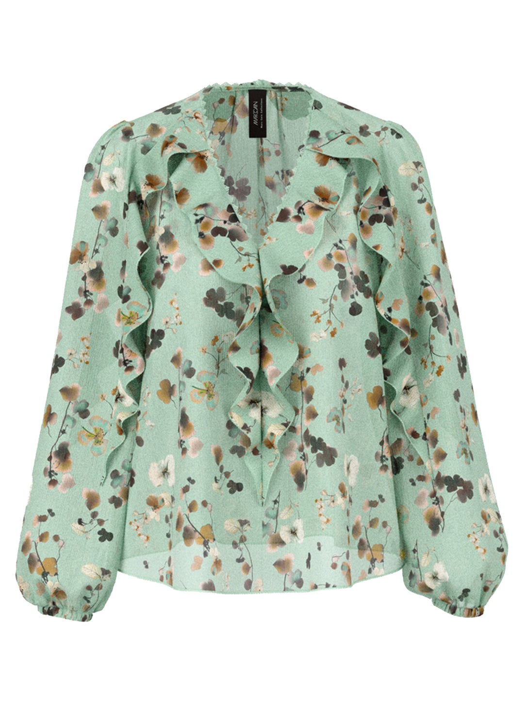 Marc Cain Bloemenblouse met volants – Groen-100% polyester-DAMES TOPS & BLOUSES-Groen
