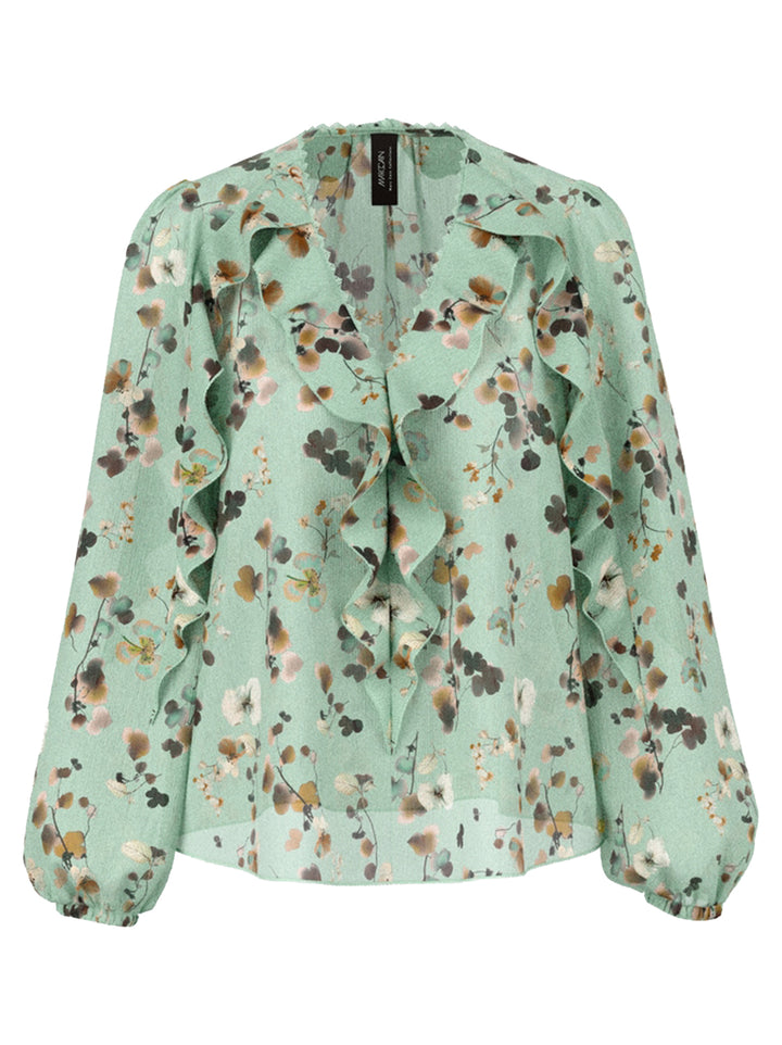 Marc Cain Bloemenblouse met volants – Groen-100% polyester-DAMES TOPS & BLOUSES-Groen