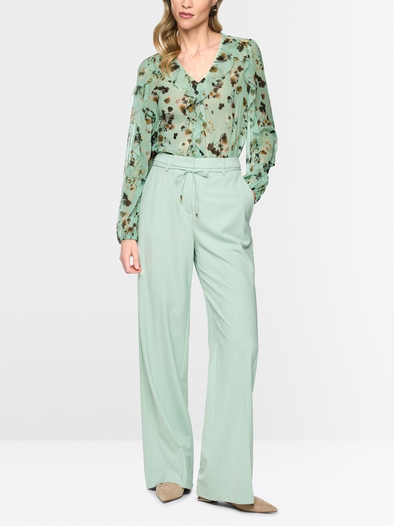 Marc Cain Bloemenblouse met volants – Groen-100% polyester-DAMES TOPS & BLOUSES-Groen