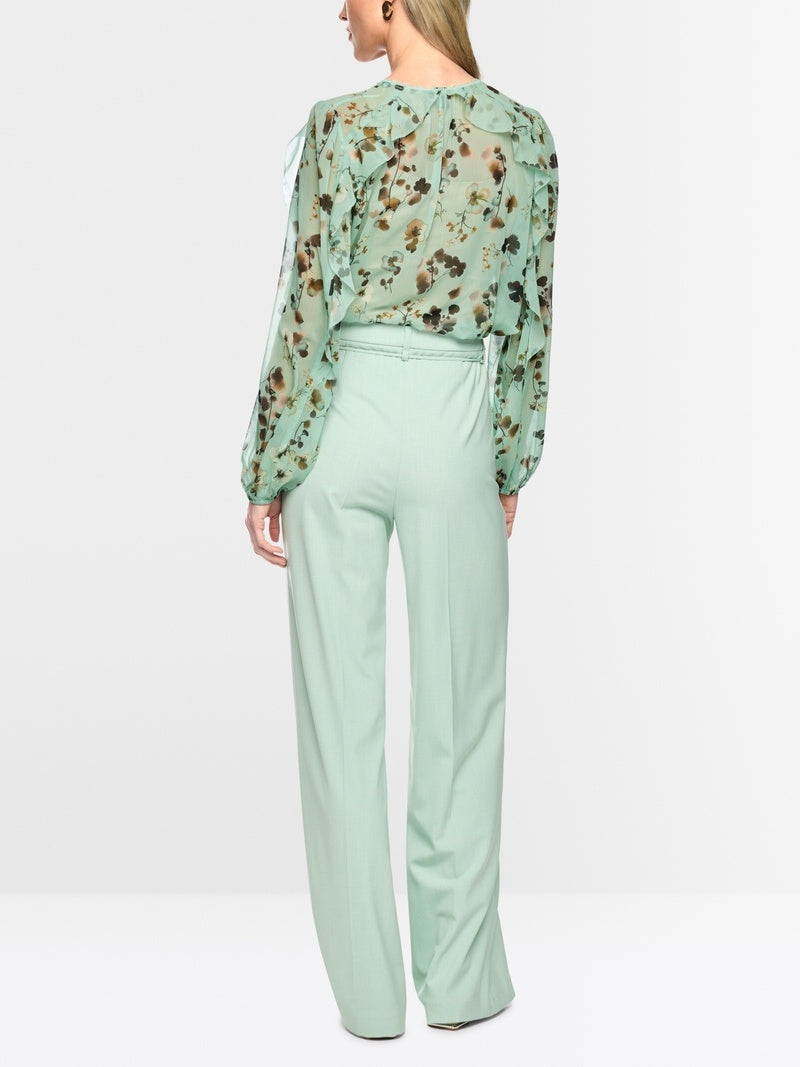Marc Cain Bloemenblouse met volants – Groen-100% polyester-DAMES TOPS & BLOUSES-Groen