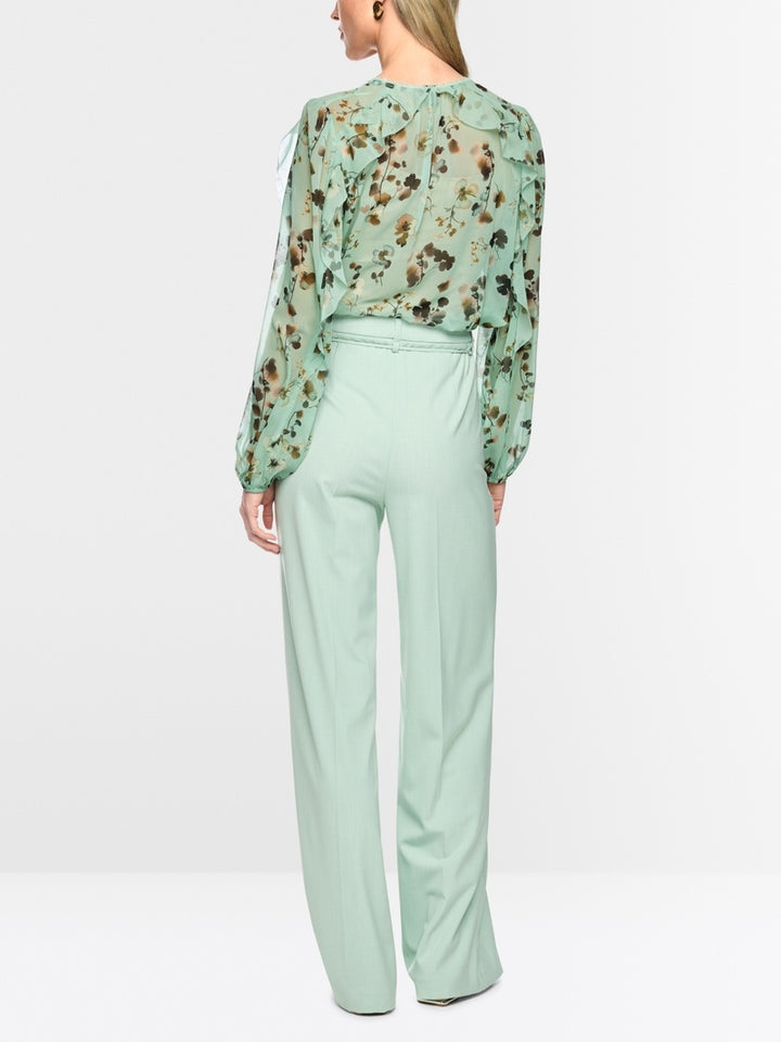 Marc Cain Bloemenblouse met volants – Groen-100% polyester-DAMES TOPS & BLOUSES-Groen