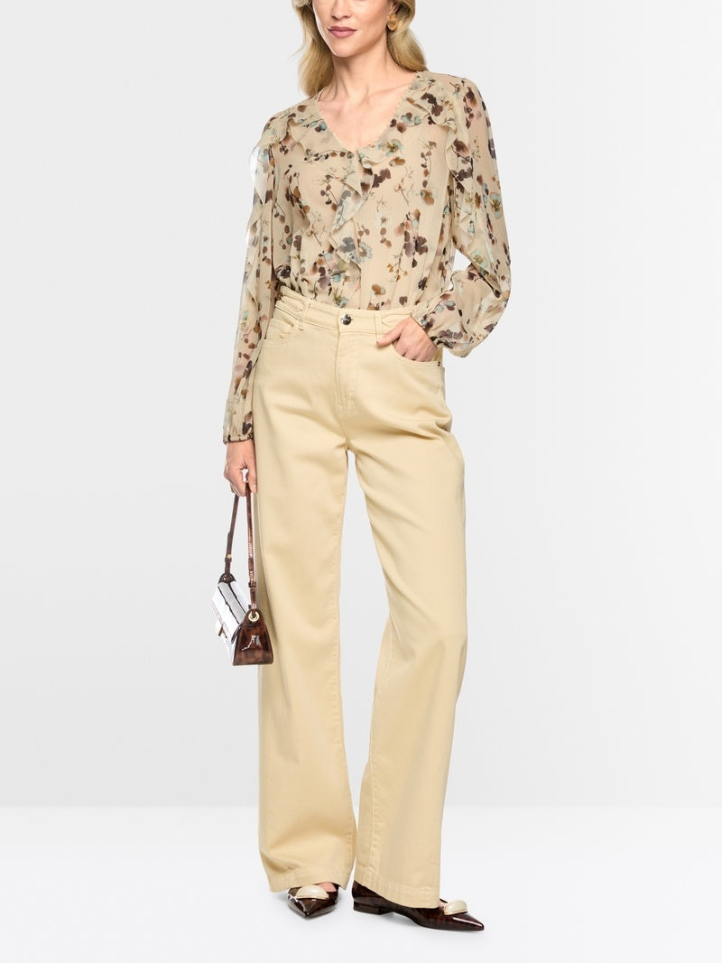 Marc Cain Bloemenblouse met volants – Room-100% polyester-DAMES TOPS & BLOUSES-Beige