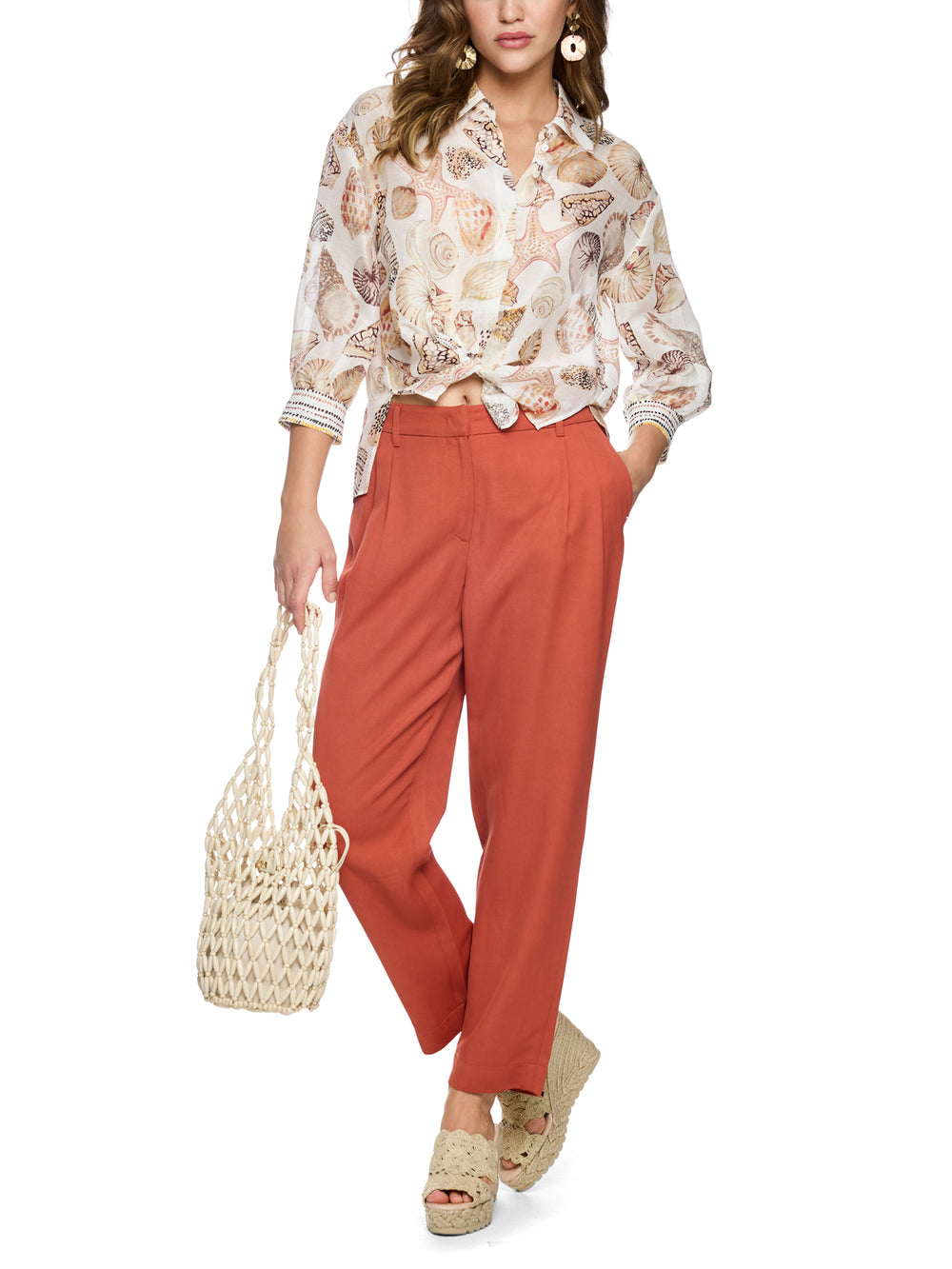 Marc Cain Blouse met schelpenprint - Wit -55% linnen, 45% zijde-DAMES TOPS & BLOUSES-Wit