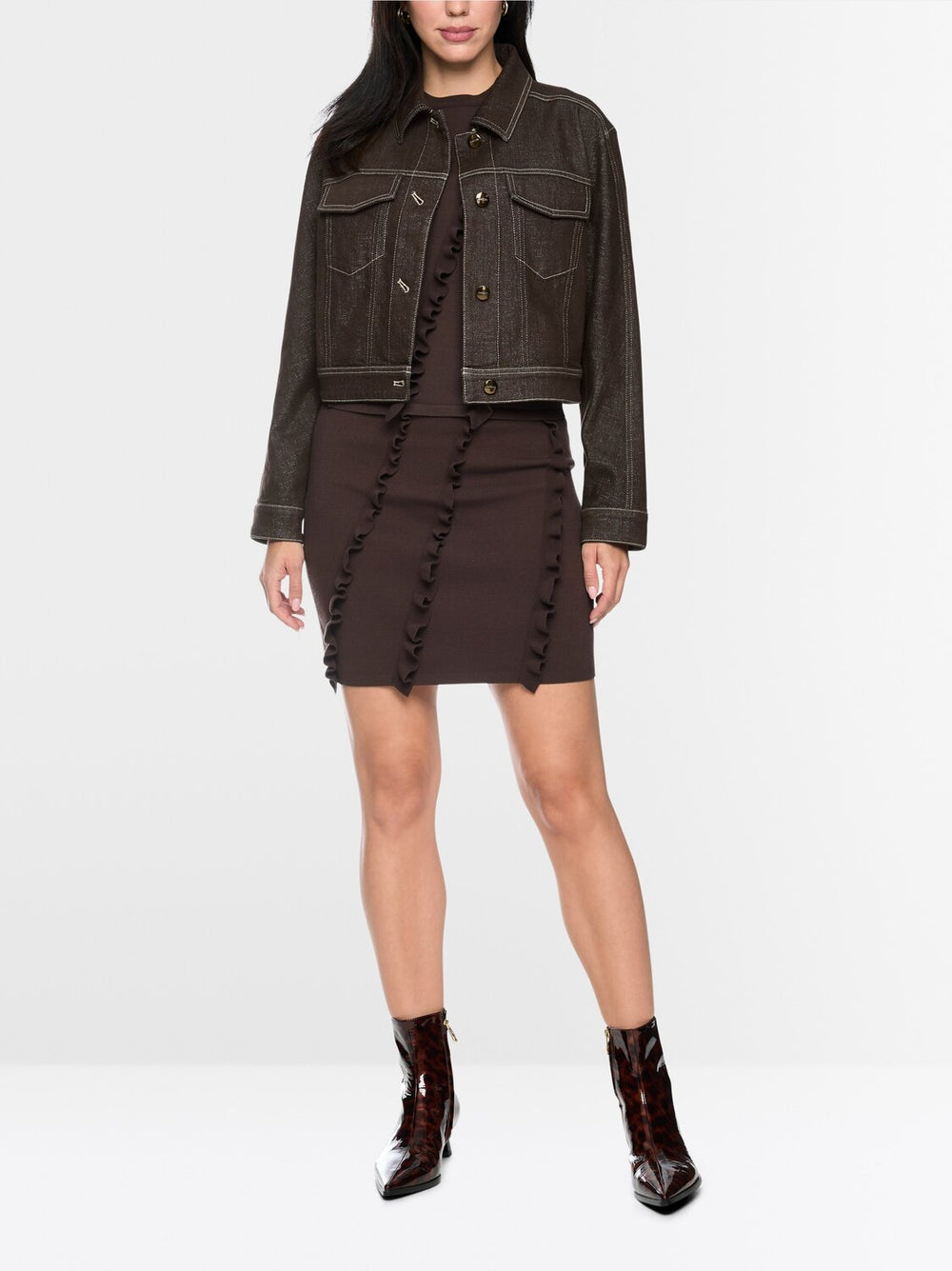 Marc Cain Kort Jeans Jasje met lurexgaren – Bruin-84% katoen, 12% viscose, 2% polyamide, 1% elastaan, 1% polyester, gemet