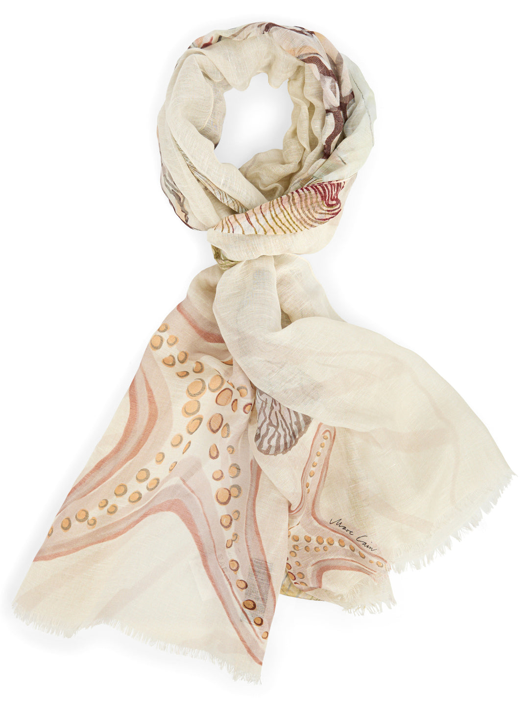 Marc Cain Lange sjaal met schelpenprint – Beige-50% modal, 42% linnen, 8% zijde-DAMES ACCESSOIRES-Beige